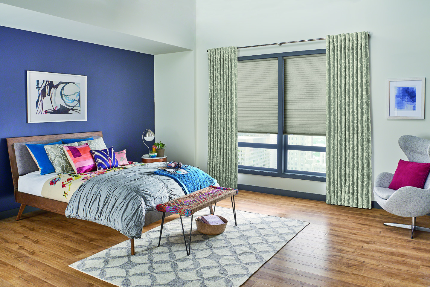Windows: 3/4" Single Cell Cellular Shades with Cordless Lift: Luxe, Earthy Taupe 0134
Drapery: Decorative Panels with Back Tabs Hardware: 1" Pole