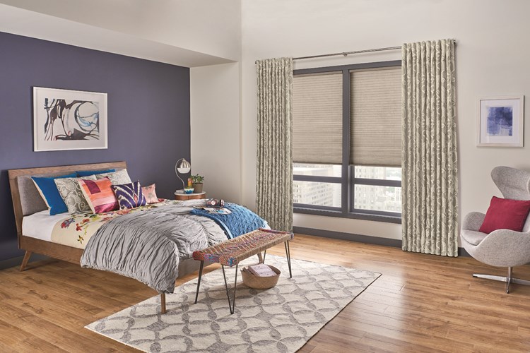 Windows: 3/4" Single Cell Cellular Shades with Cordless Lift: Luxe, Earthy Taupe 0134
Drapery: Decorative Panels with Back Tabs Hardware: 1" Pole