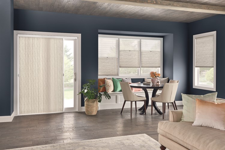 Windows: Combo Shade with Cordless Lift: 3/4" Single Cell Shades: Impresario, Sandstone Gray 0590 (bottom) and Intuition, White Blossom 5800 (top) Door: 3/4" Single Cell VertiCell Cellular Shade: Impresario, Sandstone Gray 0590