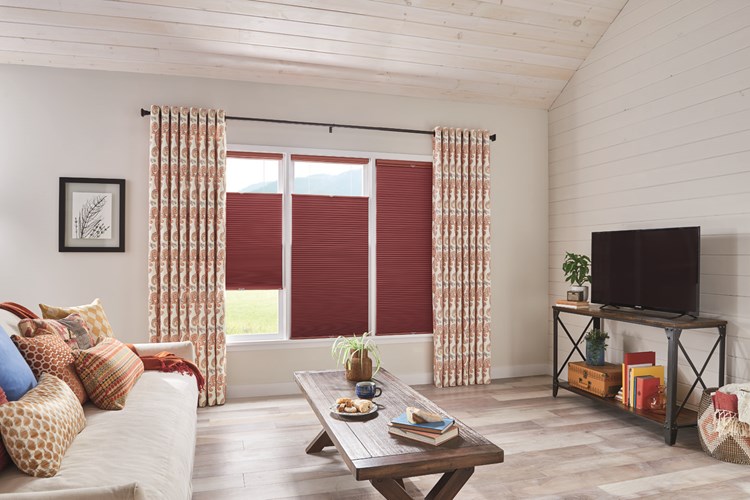Windows: Bottom Up/Top Down Shades with Cordless Lift: 1/2" Double Cell Cellular Shades: Hideaway, Red Velvet 1458 Drapery: Decorative Panels with Grommet Top Hardware: 1 3/8" Pole