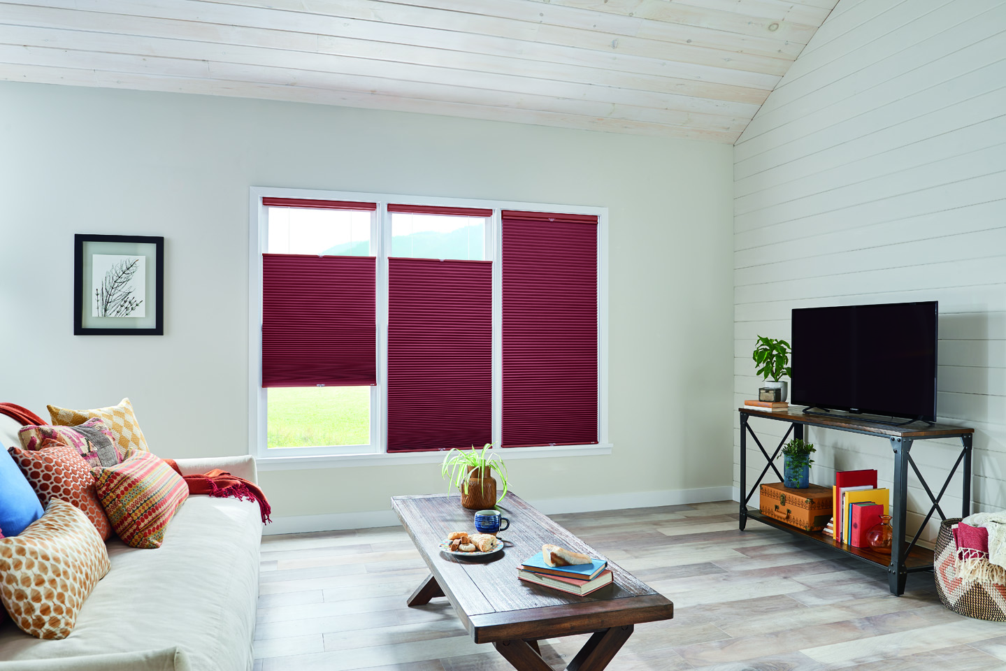 Bottom Up/Top Down Shades with Cordless Lift: 1/2" Double Cell Cellular Shades: Hideaway, Red Velvet 1458