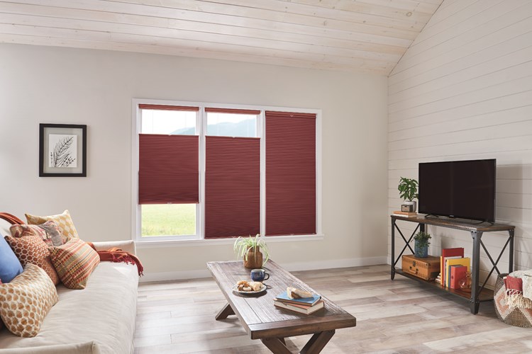 Bottom Up/Top Down Shades with Cordless Lift: 1/2" Double Cell Cellular Shades: Hideaway, Red Velvet 1458