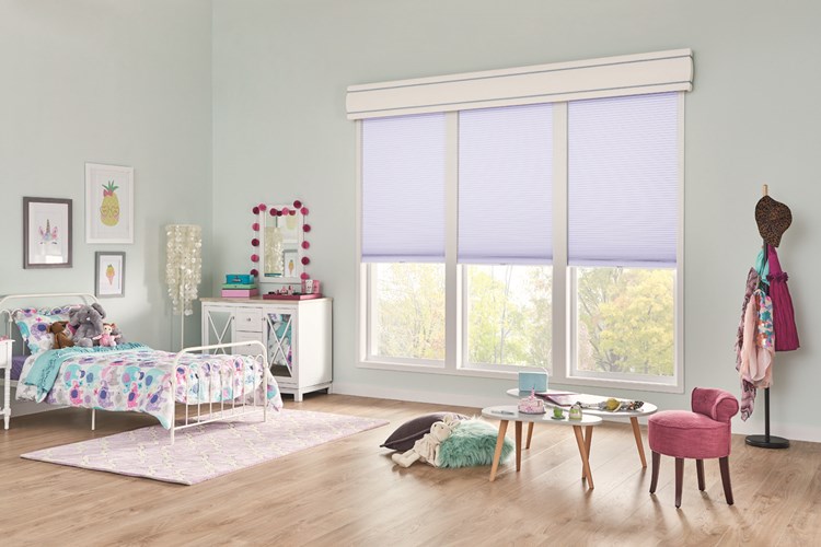 1/2" Double Cell Cellular Shades with Cordless Lift: Hideaway, Fresh Lavender 1473 with 12" Fabric-Wrapped Curved Cornice