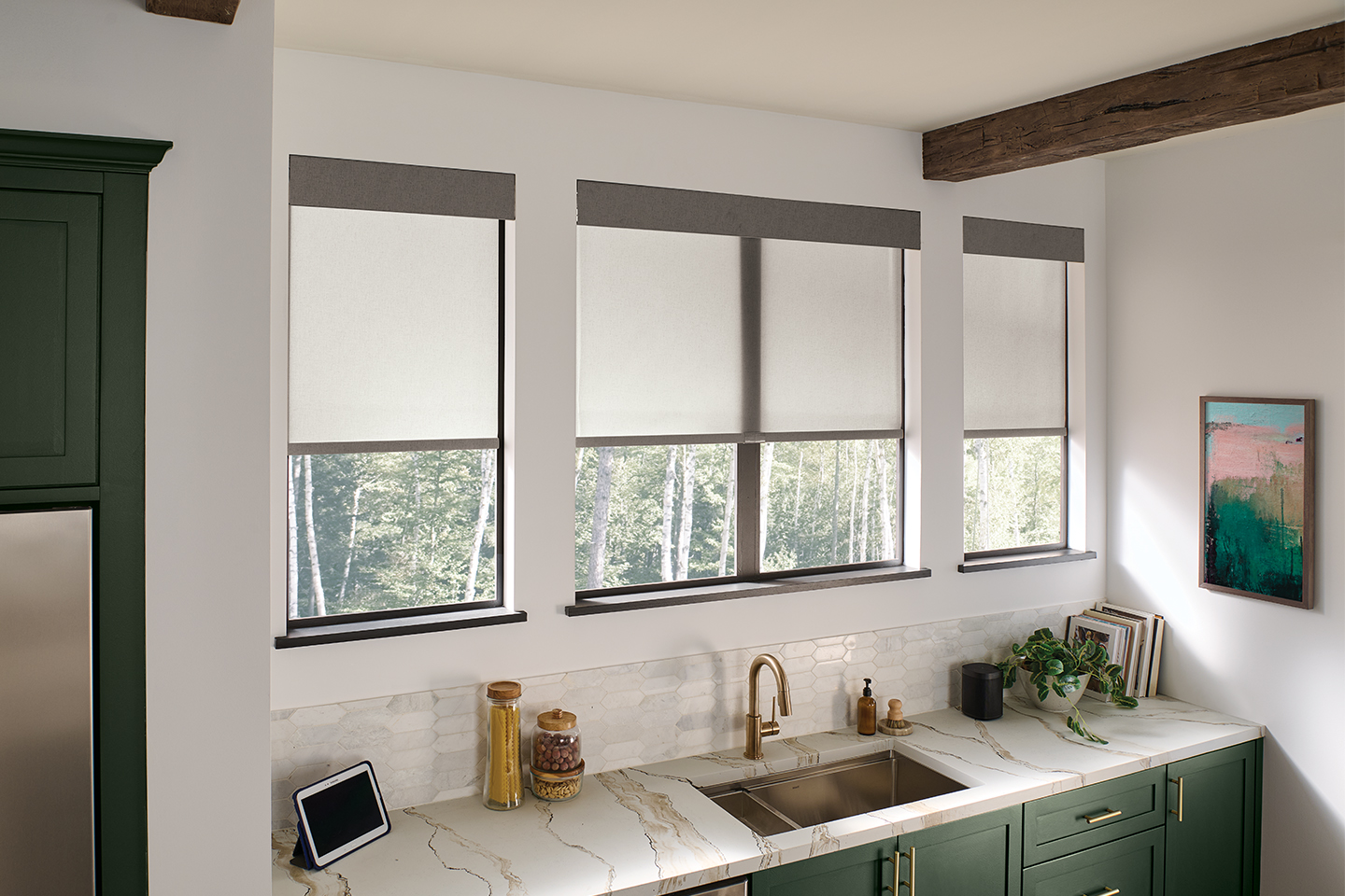 Off-white Roller Shades in a kitchen.