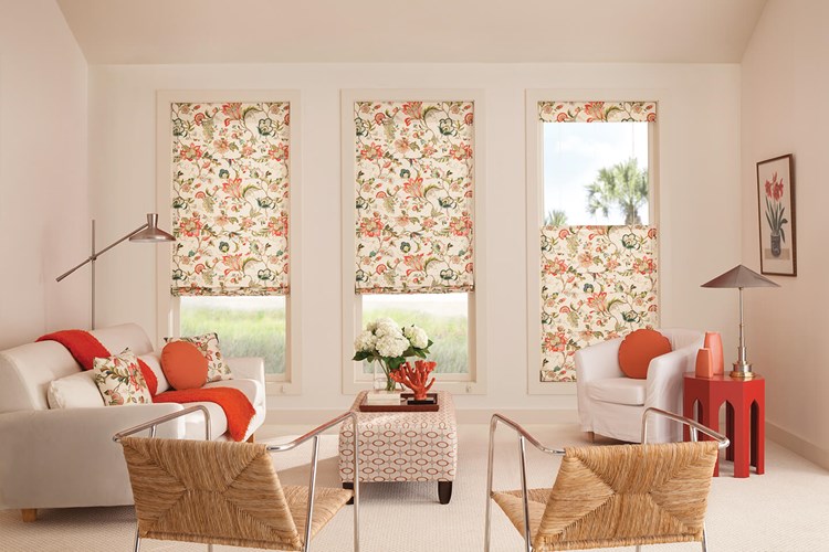Flat Roman Shades with Bottom Up/Top Down Corded and 6" Valance: Kayo, Indulge 1560; Round Pillows: Coastal, Sunset 2461; Square Pillows: Kayo, Indulge 1560