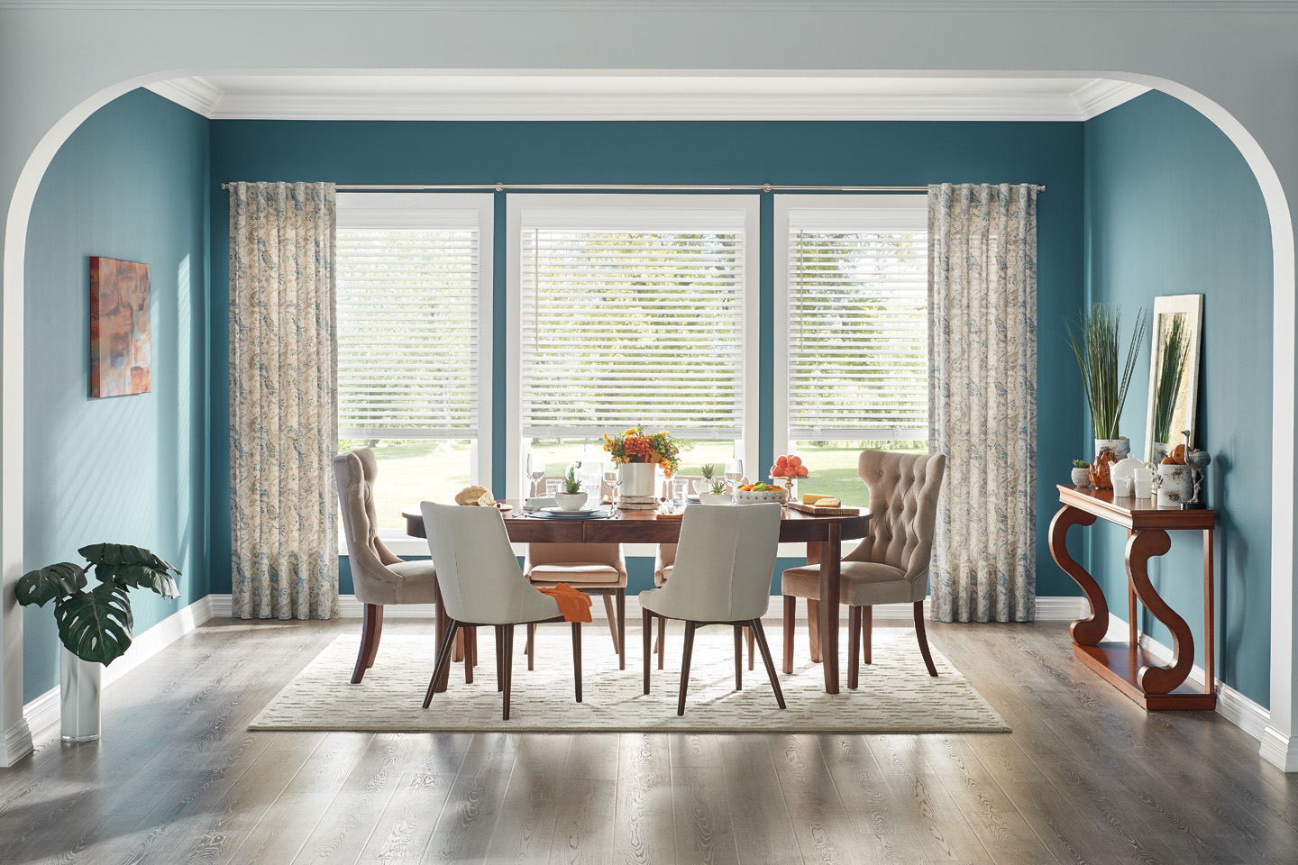 2" Wood Blinds with Cordless Lift/Wand Tilt: Sugar White 1840 with 4 1/2" Eloquence Valance; Drapery with Back Tabs