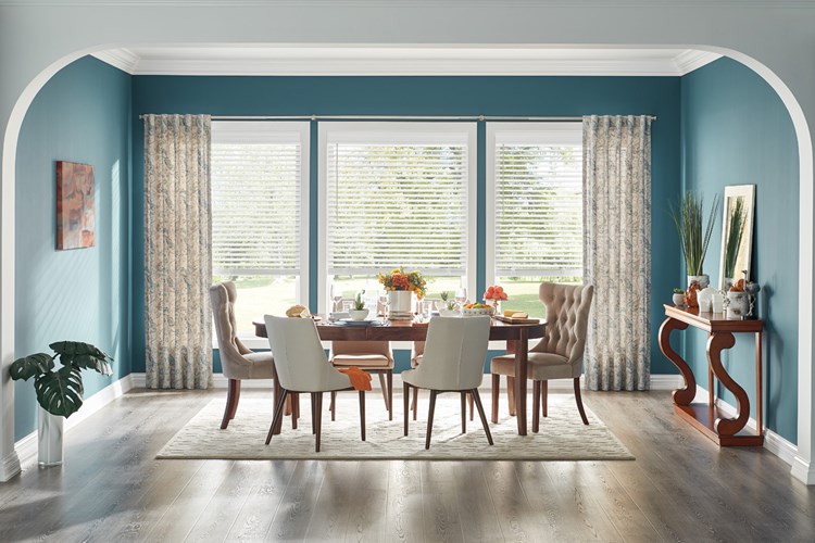 2" Wood Blinds with Cordless Lift/Wand Tilt: Sugar White 1840 with 4 1/2" Eloquence Valance; Drapery with Back Tabs