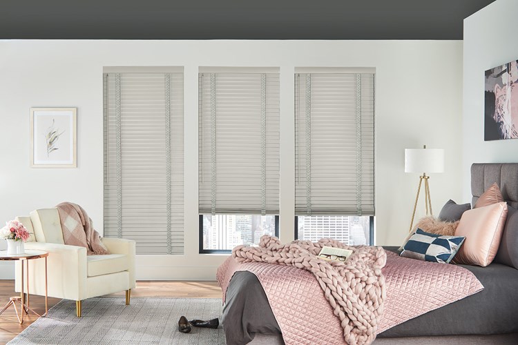 2" Wood Blinds with Cordless Lift/Wand Tilt: Grey Mist 1889 with 3" Standard Valance and 1 1/2" Cloth Tapes: Coastal Fog C159