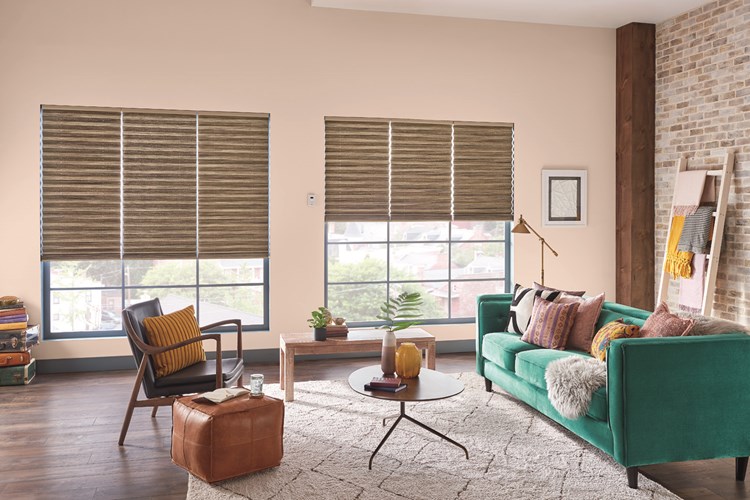 2" Pleated Shades with Motorized Lift: Shoreline, Stone 2301 with Privacy Liner 8005