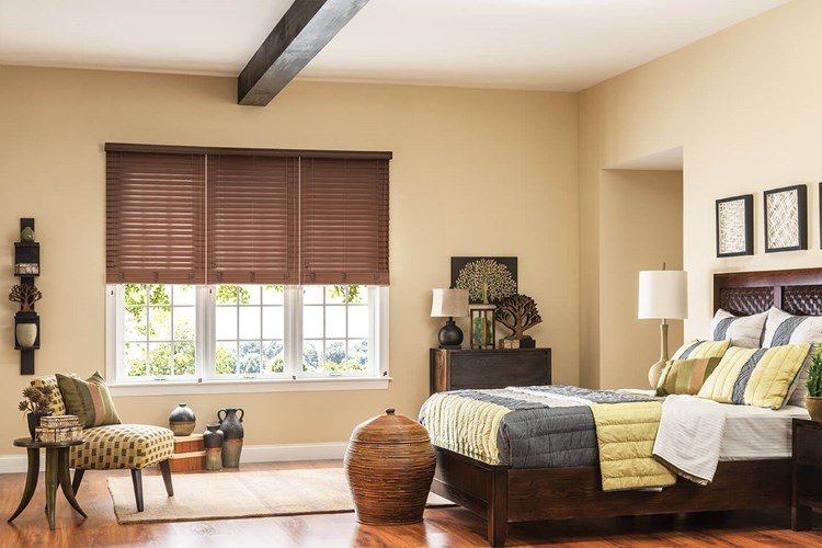 2" Premium Faux Wood Blinds, three-on-one headrail with Cord Lift/Cord Tilt, NoHoles™ option and 3" Standard Valance: Teriyaki 2694
