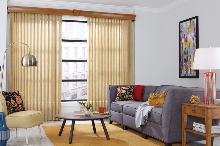 Sheer Enchantment Vertical Blinds with Cord and Chain Control and Split Stack: Akbar, Oasis 2760 with 5 ½" Regal Wood Cornice and Keystone: Maple 1039