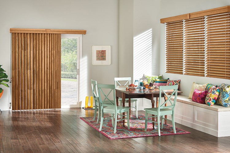 Wood Vertical Blinds with Cord and Chain Control: Regal Oak 1038 with 41/2" Eloquence Valance and Keystone