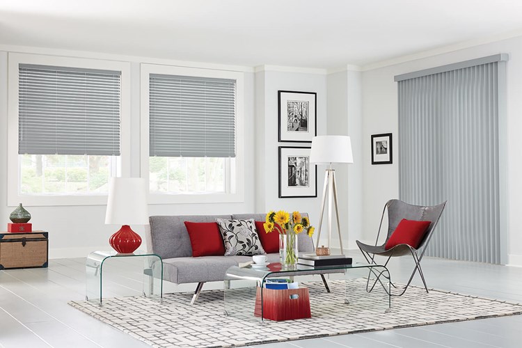 Crown Vinyl Vertical Blinds with Cord and Chain Control and Square Corner Valance: Americana, Oceanfront 3091; 2" Vinyl Horizontal Blinds with Wand Tilt/Cord Lift, NoHoles, and Standard Valance: Americana, Oceanfront 7058