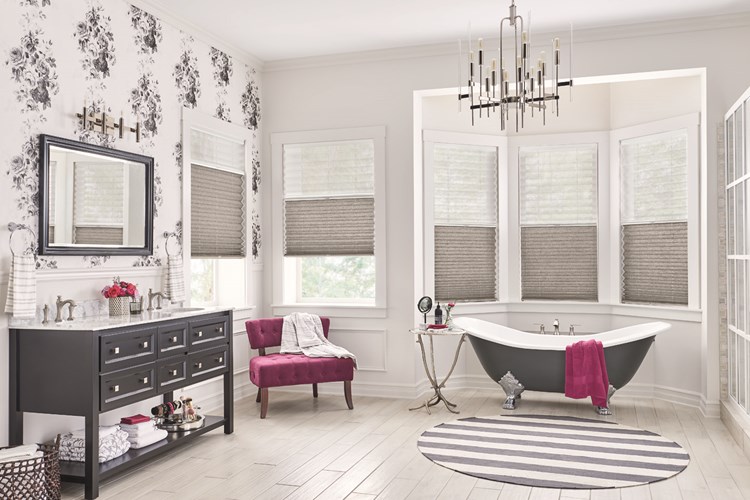 Sun Up/Sun Down Shades with Cordless Lift: 2" Pleated Shades: Luminence, Wedding White 4900 (top) and Gabardine, Gray Suit 3220 (bottom)