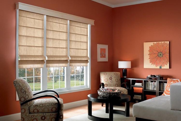 Three Flat Roman Shades on One Headrail with Cordless Lift: Fiddlestix, Sand 3411; 5 1/2" Noble Wood Cornice: Natural 1036