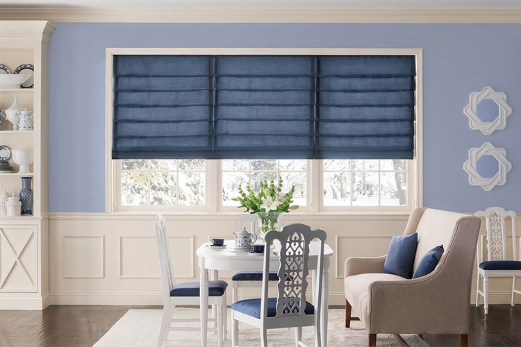 Looped Roman Shades: Three on One Headrail with Standard Cord Control: Dover, Rainy Afternoon 3721; Square Pillows: Dover, Rainy Afternoon 3721