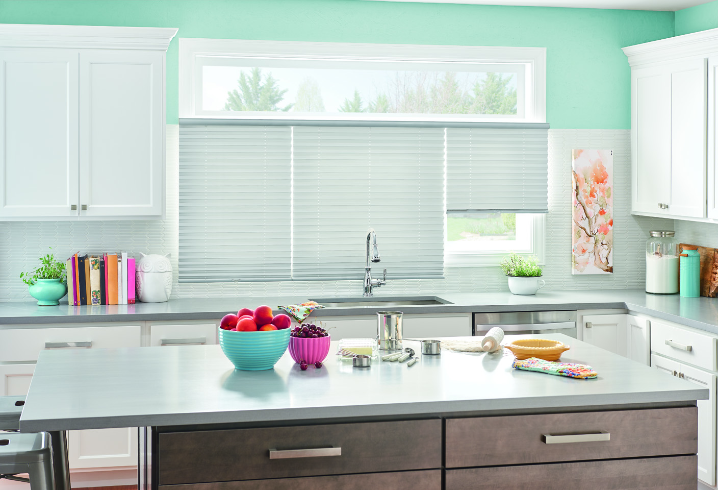 1" Pleated Shades with Cordless Lift, Three on One Headrail: Taffeta, Silver Foil 2252 with Privacy Liner 8000