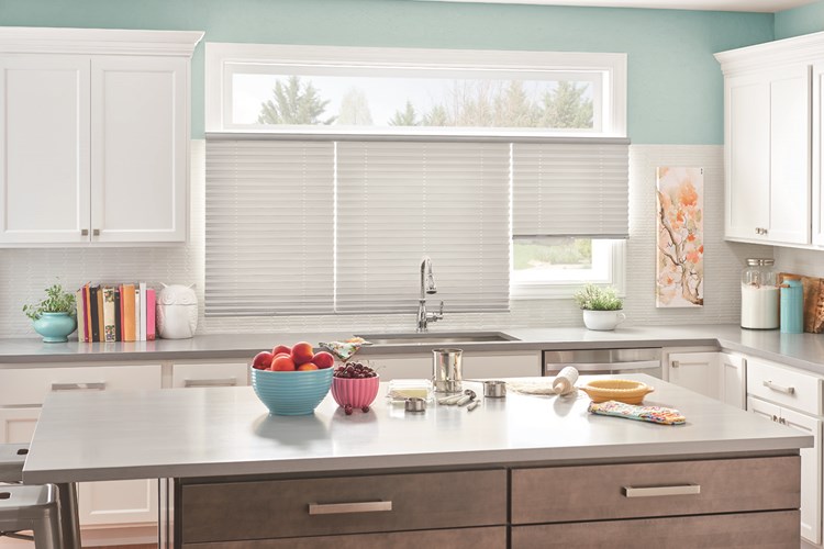 1" Pleated Shades with Cordless Lift, Three on One Headrail: Taffeta, Silver Foil 2252 with Privacy Liner 8000