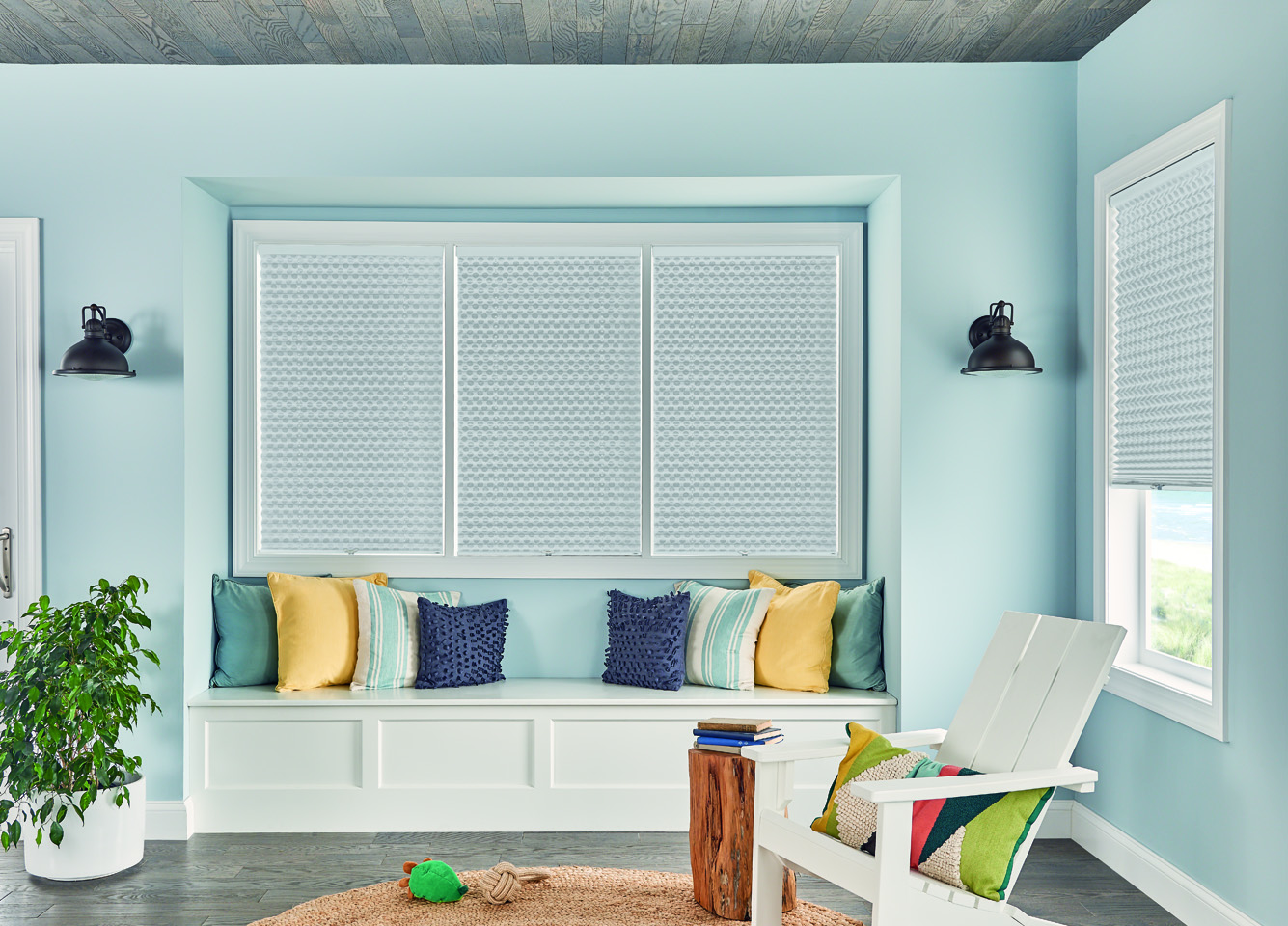 1" Pleated Shades with Cordless Lift: Innocence, White Pearl 4162 with Blackout Liner 8001