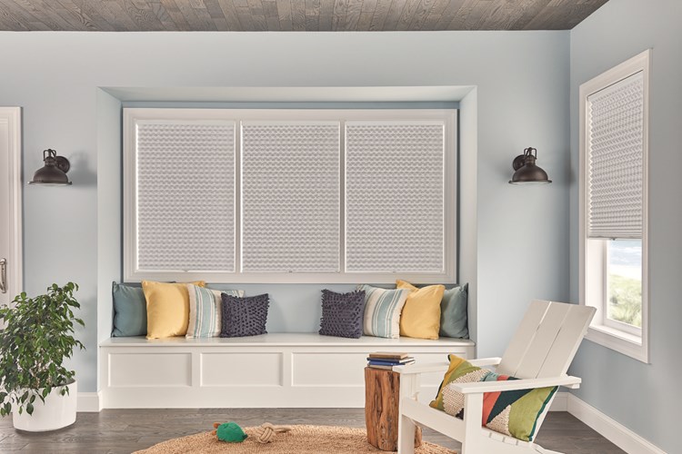 1" Pleated Shades with Cordless Lift: Innocence, White Pearl 4162 with Blackout Liner 8001
