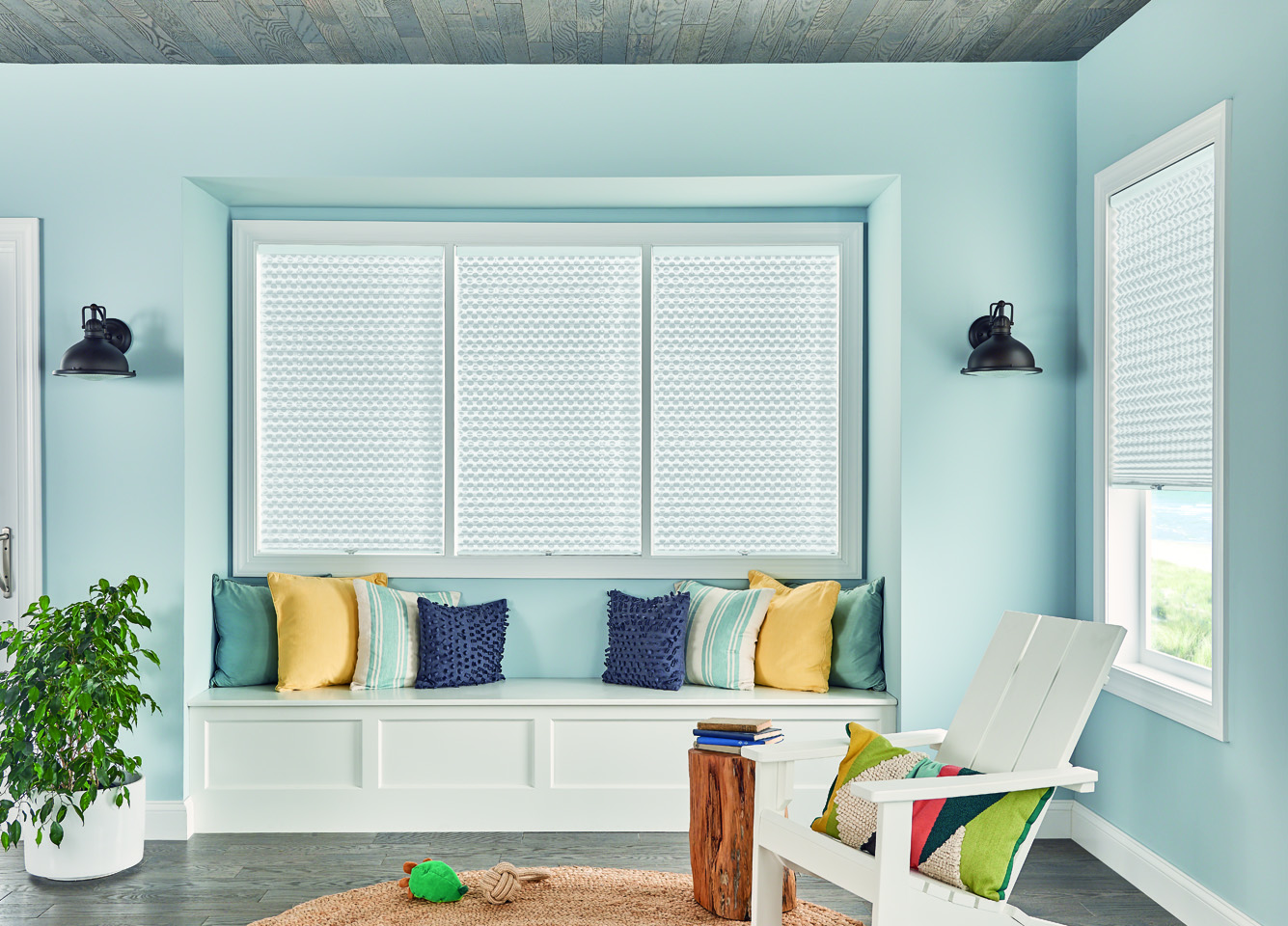 1" Pleated Shades with Cordless Lift: Innocence, White Pearl 4162 with Privacy Liner 8000
