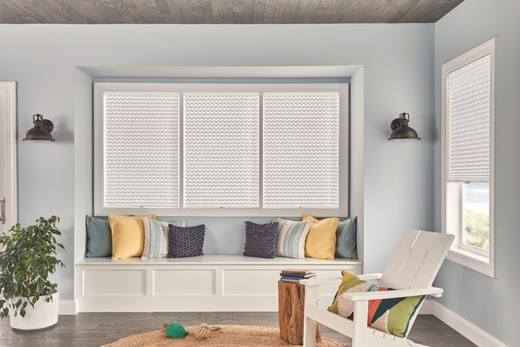 1" Pleated Shades with Cordless Lift: Innocence, White Pearl 4162 with Privacy Liner 8000