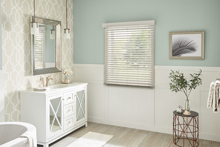 2" Faux Wood Blinds with Cordless Lift/Wand Tilt: Greystone 5174 with 3 ¼" Eloquence Valance