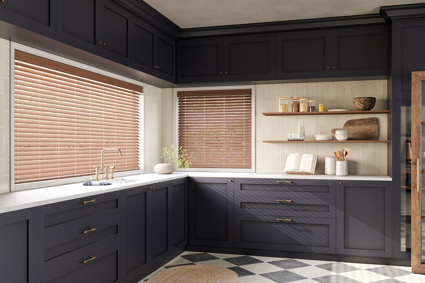 1" Wood Blinds with Cord Lift/Wand Tilt: Teriyaki 0694 with 3" Standard Valance
