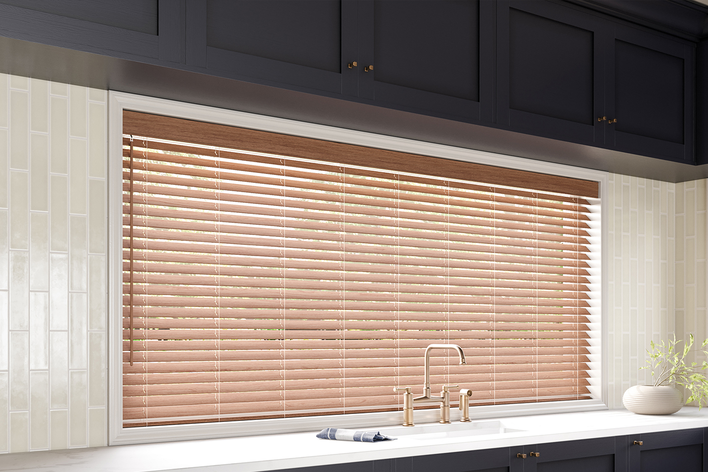 1" Wood Blinds with Cord Lift/Wand Tilt: Teriyaki 0694 with 3" Standard Valance