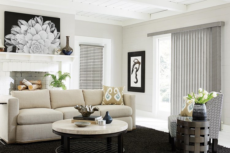 S-Shaped Vinyl Vertical Blinds with Cord and Chain Control and Square Corner Valance: Buckskin, Creek 6648; 2" Vinyl Horizontal Blinds with Cord Lift/Cord Tilt and Standard Valance: Buckskin, Creek 7103