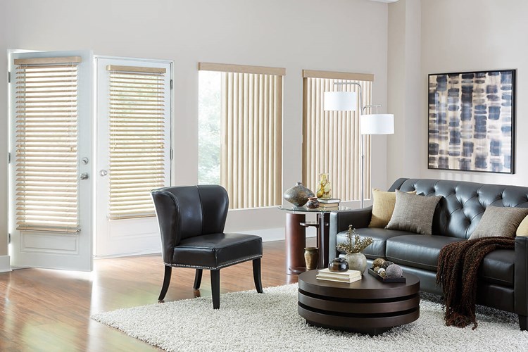S-Shaped Vinyl Vertical Blinds with One Touch Wand Control and Square Corner Valance: Presidential, Roosevelt 6699; 2" Vinyl Horizontal Blinds with Cord Lift/Cord Tilt and Standard, Valance: Presidential, Roosevelt 7078