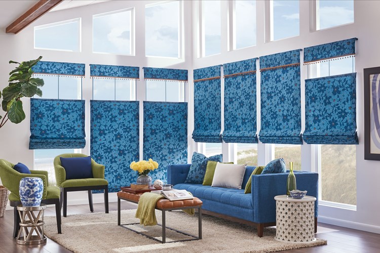 Bali HIC Tailored Roman Shades in Seamless Style with Bottom Up/Top Down Cord Lift and Valance: Maverick, Bayshore 6871 with 1½" Mingled Globe Fringe: Camel