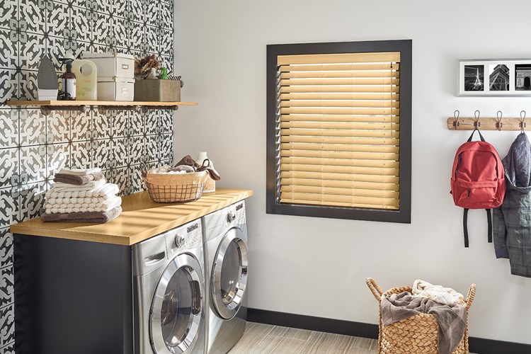 2 1/2" Premium Faux Wood Blinds with Cordless Lift/Wand Tilt: Natural 7036 with 3" Standard Valance