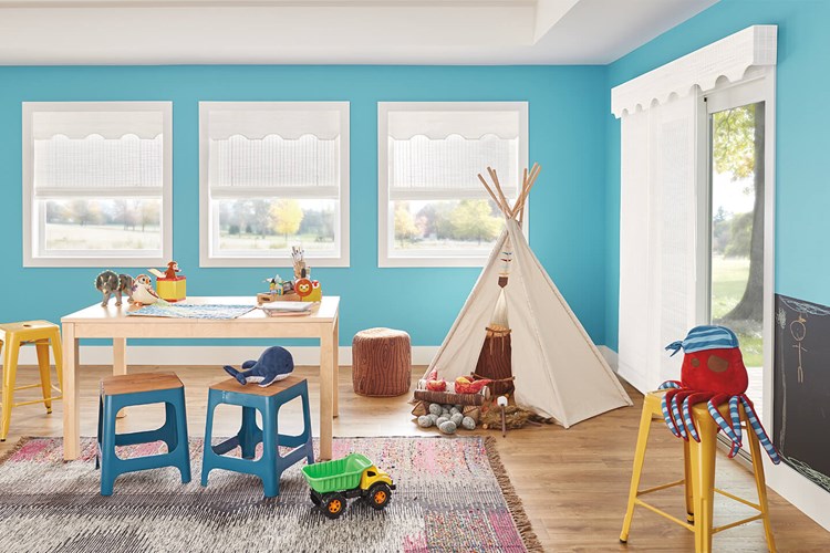 Windows: Standard Roman Natural Shades with Cordless Lift: Framework, White 80603 and 9" Cathedral Deco-Trim Valance with Accent Gimp: White 417. Door: Sliding Panels with Wand Control: Framework, White T0603 with 1" Edge Banding: Snow White 7170 and 9" Cathedral Deco-Trim Valance with Accent Gimp: White 417