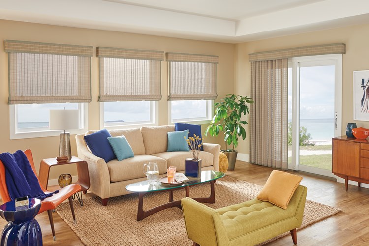 Standard Roman Natural Shades with Cordless Lift: Spree, Studio 80745 with 1" Edge Banding: Light Sage 7173 and 6" Palisade Valance in Vertical Orientation with Valance-Only Privacy Liner: Sand 2701

Natural Drape with Wand Control: Spree, Studio 80745 with Standard Fullness, 1" Edge Banding: Light Sage 7173, and 6" Palisade Valance in Vertical Orientation with Valance-Only Privacy Liner: Sand 2701