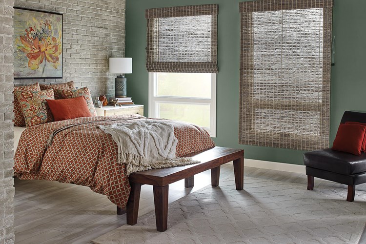 Standard Roman Natural Shades with Cord Lift: Lagoon, Cadet 85132 and 6" Standard Valance with Valance-Only Room-Darkening Liner: Cocoa 6297