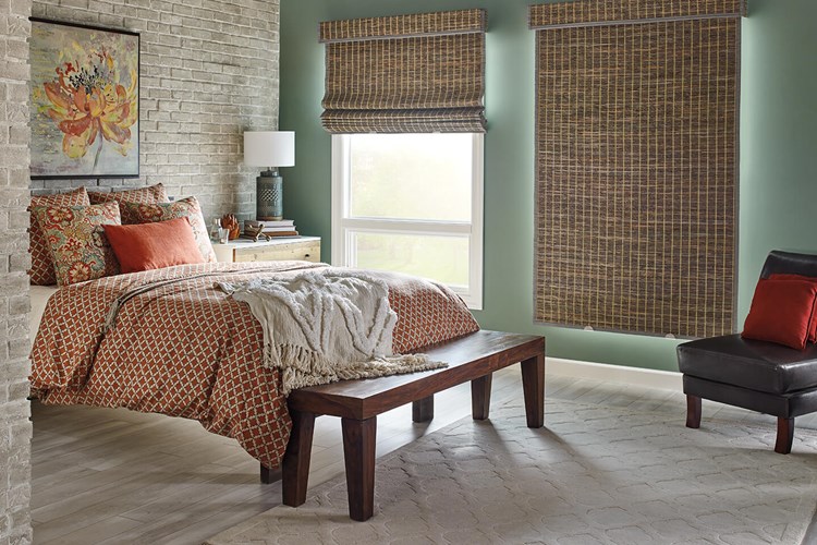Standard Roman Natural Shades with Cordless Lift: Lagoon, Cadet 85132 with Room-Darkening Liner: Cocoa 6297, 1" Edge Banding: Mink Gray 7174, and 6" Palisade Valance in Horizontal Orientation