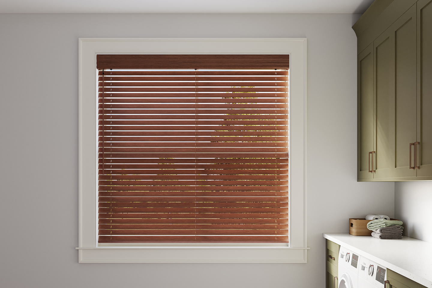 Faux Wood Blinds in a simple laundry room.
