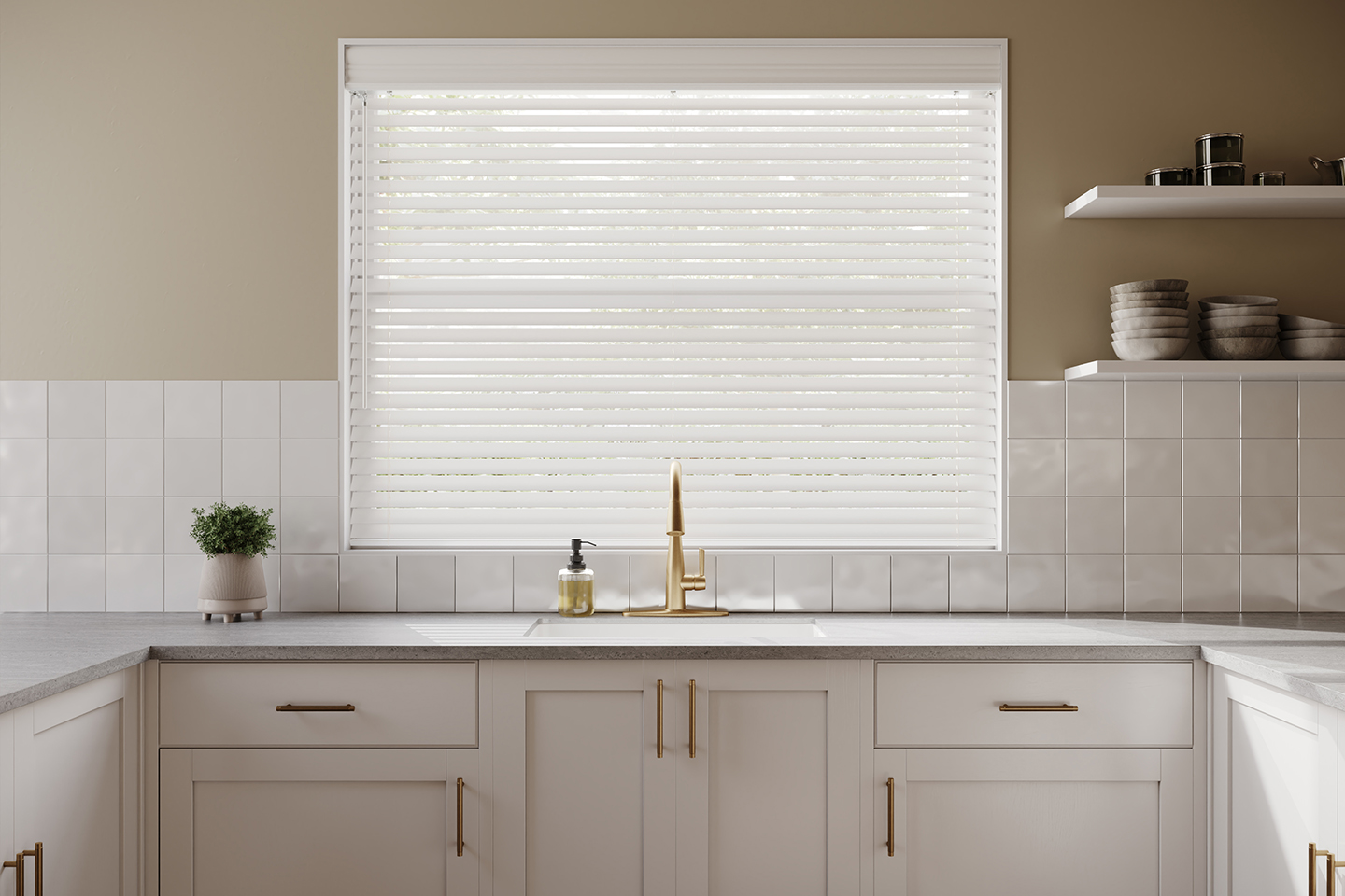 Faux Wood Blinds in a simple kitchen.